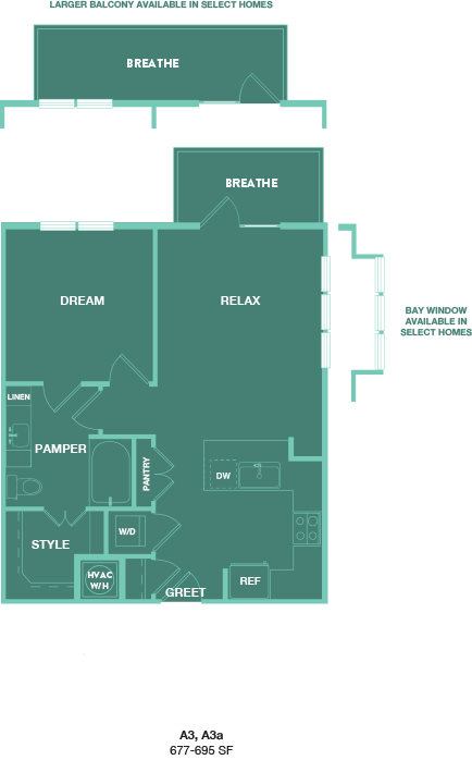 A floor plan of a house with rooms labeled, such as "BREATHE", "DREAM", "RELAX", "PAMPER", "STYLE", "GREET", and "REF".